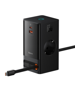 Мережевий зарядний пристрій Baseus PowerCombo Digital PowerStrip 2AC+1U+1C+Retractable-C 65W with 1.5m power cord EU Black