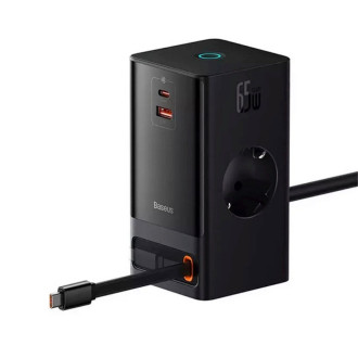 Мережевий зарядний пристрій Baseus PowerCombo Digital PowerStrip 2AC+1U+1C+Retractable-C 65W with 1.5m power cord EU Black