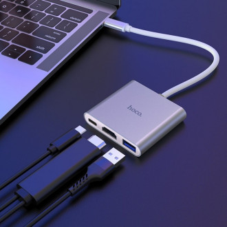 Кабель-перехiдники Hoco Кабель-перехiдник HOCO HB14 Easy use Type-C adapter(Type-C to USB3.0+HDMI+PD) Silver 6931474725790