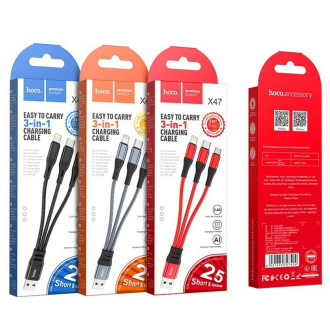 Кабель для заряджання телефонів/планшетів Hoco Кабель HOCO X47 USB to iP+Type-C+Micro 2.4A, 0.25m, nylon, aluminum connectors, Black 6931474727398
