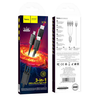 Кабель для заряджання телефонів/планшетів Hoco Кабель HOCO X74 USB to iP+Type-C+Micro 2A, 1m, PVC, PVC connectors, Black 6931474767363