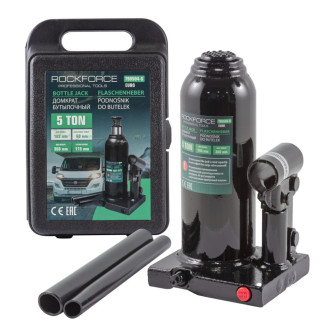 ROCKFORCE Домкрат пляшковий 5т з клапаном (висота підхвату - 185мм, висота підйому - 360мм, хід штока - 115мм) у кейсі ROCKFORCE RF-T90504-S